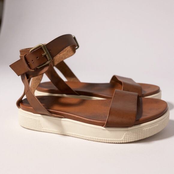 Mia Ellen Leather Platform Casual Sandal Cognac Rubber sole Buckle Closure 7 - Picture 1 of 8